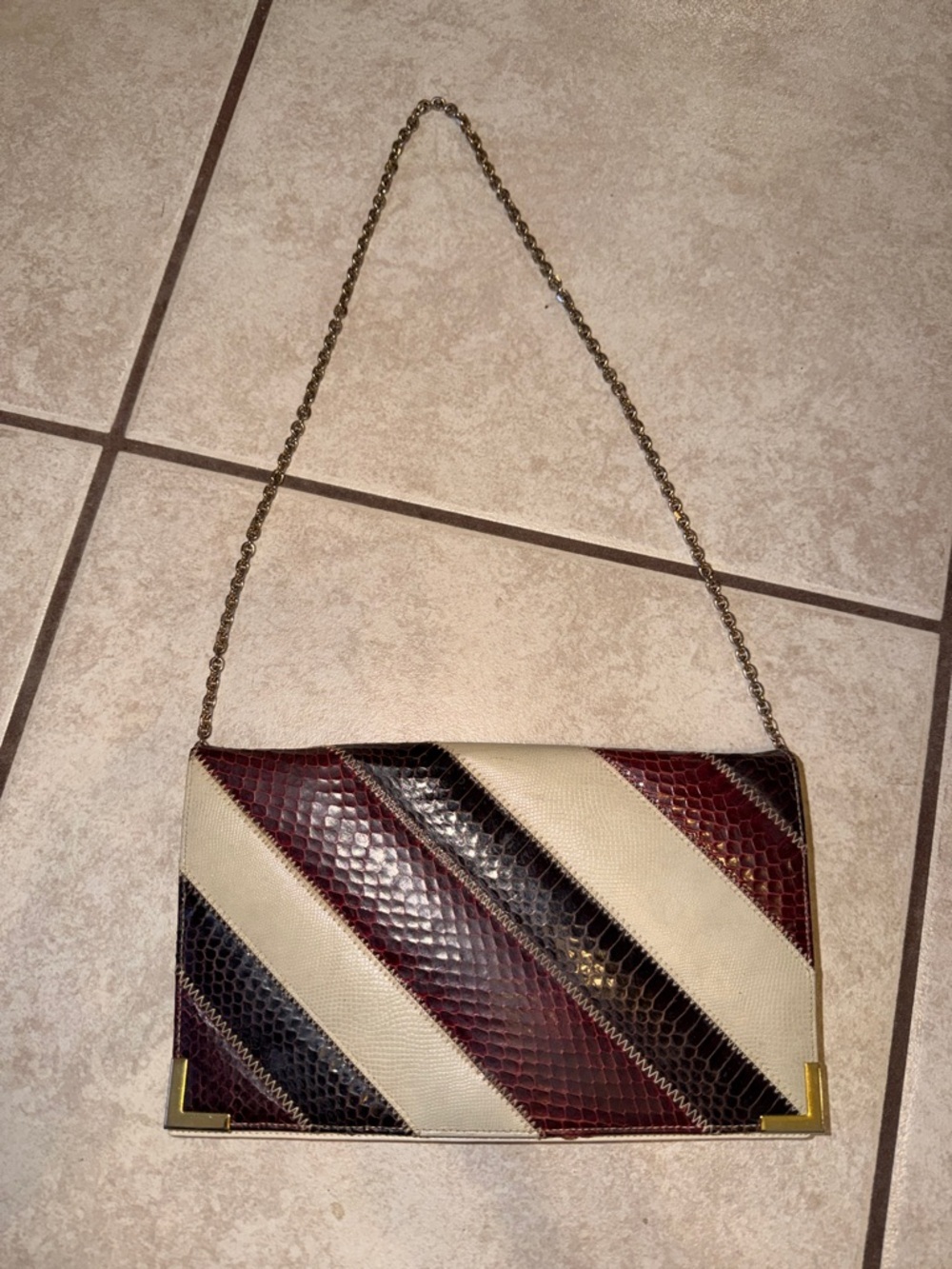 Striped snakeskin Clutch in Burgundy, Black & Cream with Chain Strap vintage